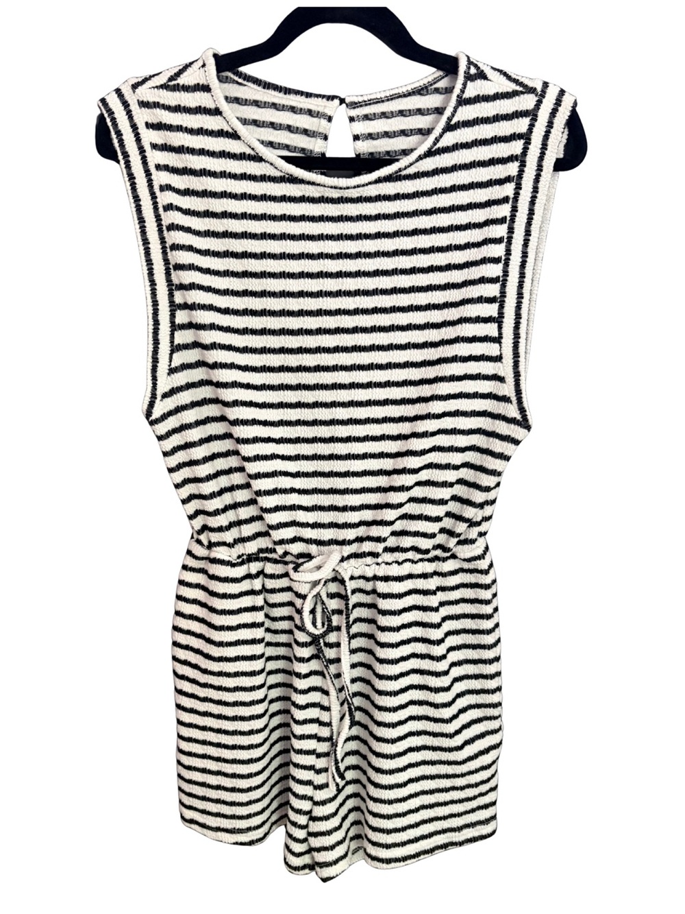 Black White Striped Terry Sleeveless Romper